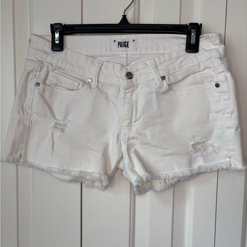 PAIGE Denim White Frayed Hem Jean Shorts, Size 28